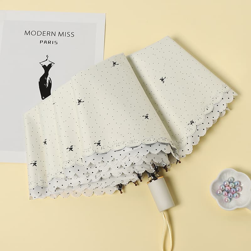 小鳥とドット柄のスカラップ刺繍折りたたみ傘